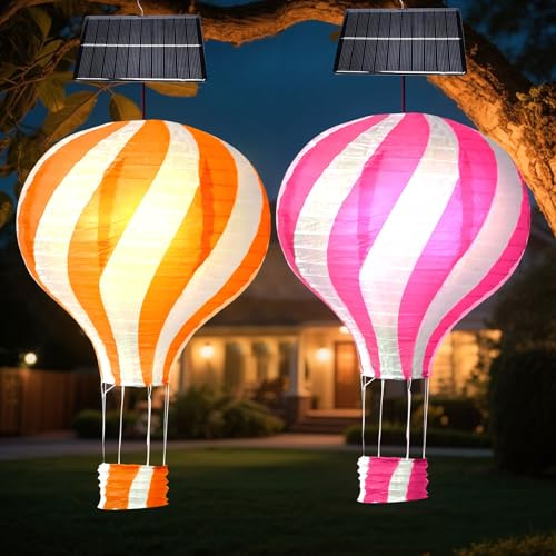 Solar Lampions, 2 Stück 30cm Solarlaterne Außen Wetterfest, Solarlampen für Außen Hängend, Gartenlaterne mit Flackernder Flamme, Heißluftballon Nylon Solarlaterne für Gärten, Höfen, Hochzeit Deko