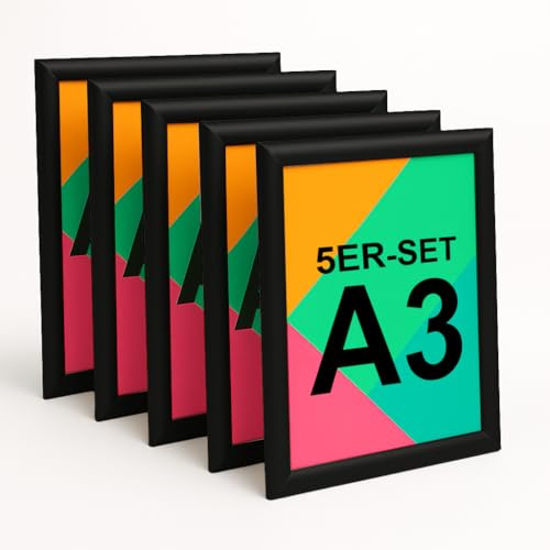 Aluanz Klapprahmen A3, Schwarz, 5er Set | Bilderleiste, Wechselrahmen mit Antireflexfolie, Posterleiste für Wandmontage, Hoch- & Querformat, 45 x 33 x 1,2 cm