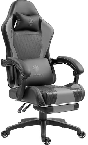 Dowinx Gaming Stuhl mit Taschenfederkissen, Massage-Gaming Stuhl aus Leder mit Kopfstütze, Ergonomischer Computerstuhl mit Fußstütze 290LBS, Grau