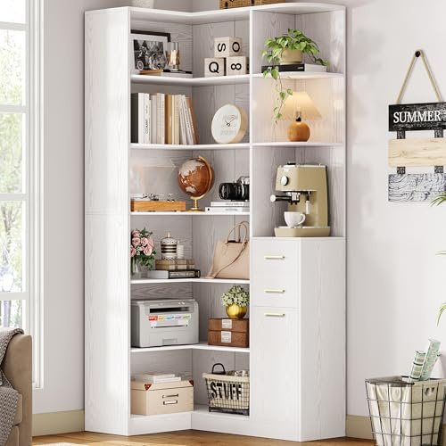 IRONCK Corner Bookshelf, 76 Tall Corner Bookshelves, 6 Tiers L-Shaped Bookcase with 10 Open Shelves and 2 Storage Drawers for Living Room or Home Office