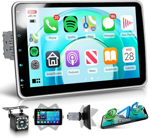 Rimoody Wireless Carplay Autoradio 1 Din mit Wireless Android Auto, 10 Zoll Einstellbar Touchscreen Autoradio mit Mirror Link Bluetooth FM/RDS Radio USB/Type C Lenkradsteuerung Rückfahrkamera