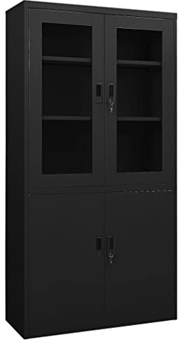 Armario de oficina, negro, 90 x 40 x 180 cm, acero, archivador con 3 estantes ajustables, 2 cerraduras, vidrio templado para oficina, garaje, almacén, armario de carga pesada