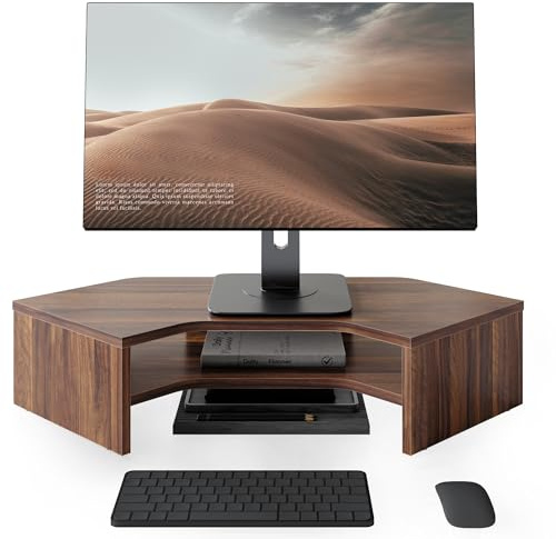 Fenge Monitor Stand, L-shaped for Corner Laptop PC TV, Monitor Riser, Brown | For Screen Computer Printer Office Home, 2 Tiers, Non-slip Pads, Desk Shelf Organizer, Cable Mgmt, Compartmentalized Storage