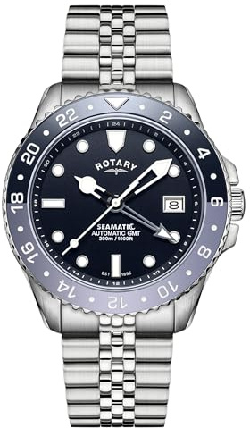 Rotary Men's Seamatic GMT 300M Water Resistance Blue Dial Stainless Steel Bracelet Watch