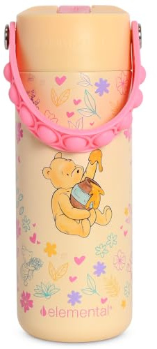 Elemental Insulated Water Bottle, Stainless Steel Water Bottle with Straw Lid & Pop-It Handle, Leak-Proof Water Bottles for, Boys or Girls, Travelling and Sports, 530ml - Classic Pooh