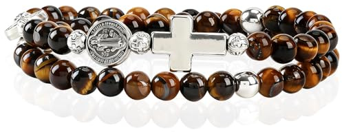 SHIEAGLELD Rosenkranzarmband, Tigerauge-Armband, Katholisches Kreuzarmband, Geeignet für Kommunion, Taufe, Messe und Bibel, Braun