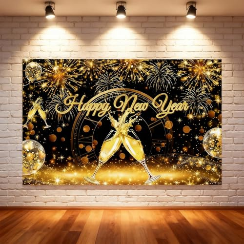 Silvester Deko 2026, Happy New Year Deko Silvester 2026, Neujahrs Hintergrund Banner, 110x180cm, Schwarz-Gold Design, Inklusive Befestigungsmaterial