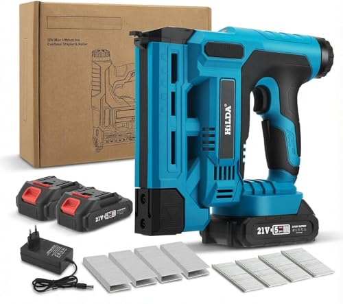 Chiodatrice e cucitrice senza fili,18GA 21V pistola sparachiodi elettrica con 2×2,0 Ah batterie,1000 chiodi e 1000 punti metallici inclusi, profondità regolabile per fai da te e lavorazione del legno