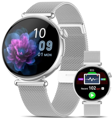 2026 Neu Smartwatch Damen mit EKG/ΒΙυtｚυcker/HRV/BMI,1,32AOD Gesundheitsuhr AI-Zifferblatt & AI-Smart-Q&A,Bluetooth Anrufe/Apnoe/SpΟ₂/Puls/Blutdruck/Schlaf/Stress,100+Sportmodi Klein Runde Fitnessuhr