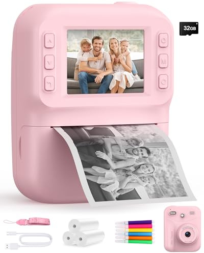 Teoryieer Sofortbildkamera Kinder 48MP,1080P Video,2,4 Zoll IPS (Rosa) | Kinderkamera mit 32GB Karte & 3 Rollen Thermopapier, Geschenk für Mädchen Jungen 3-12 Jahre