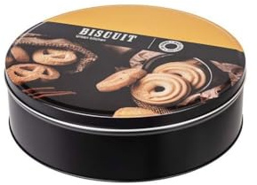 Dc Casa Contenitore Biscotti in Latta Tondo – Ø22 x H6,5 cm – Barattolo Porta Biscotti in Metallo – Scatola Biscotti da Cucina Elegante e Salvaspazio