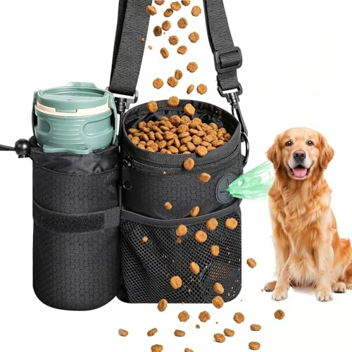 AiQInu Leckerlitasche für Hunde, Futterbeutel Hundetraining mit mit Abnehmbarer Wasserflaschenbeutel, Kotbeutelspender, Mehreren Taschen Leckerlibeutel für Hunde, Futterbeutel für Spaziergänge