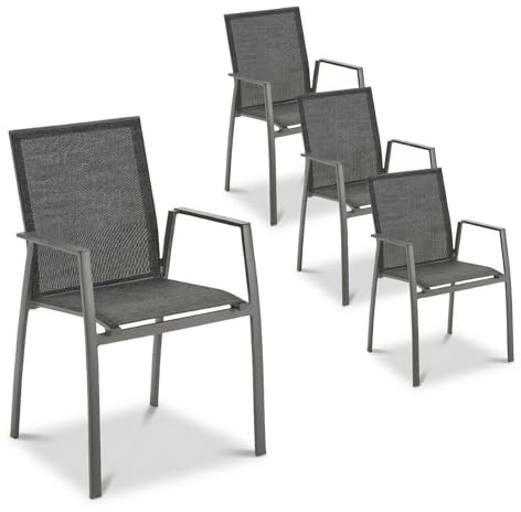 Liadomo Gartenstuhl 4er-Set Pellaro, 4 Stück Stapelstuhl, Alu-Armlehnen | stapelbar, UV-beständiges Textilgewebe, Aluminiumgestell, fertig montiert