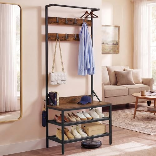 YITAHOME Porte-manteau avec rangement pour chaussures, portemanteau sur pied avec 2 étagères, porte-vêtements industriel avec 9 crochets pour couloir, salon, chambre à coucher, cadre en métal Jaune