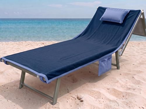 o-day Strandtuch mit Ecken und Taschen aus weicher Mikrofaser, Strandtuch mit Gummibändern und aufblasbarem Kissen, 190 x 70 cm (Blau)