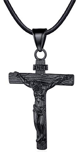 U7 Edelstahl Kreuz Halskette INRI Kruzifix Jesus Christus Anhänger mit 55cm Kunstleder Kette Schwarz Edelstahl Katholischen Christian Modeschmuck, Schwarz-Ton