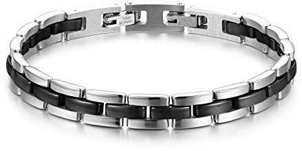 JewelryWe Schmuck Damen Armband Edelstahl Keramik I Rechteck Link Gliederarmband Armkette Armreif Schwarz Silber