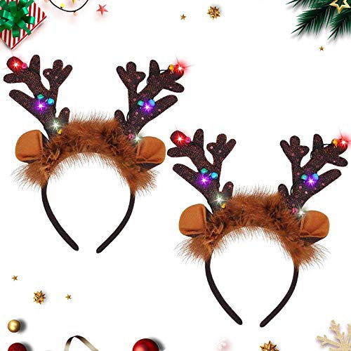 Sunshine smile 2pcs Geweih Haarreif mit LED-Beleuchtung,Weihnachten Stirnbänder,Kopfschmuck,Weihnachtsgeweih,Haarschmuck,Stirnbänder Partyhüte,Weihnachtsschmuck für Kinder und Damen