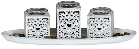 levandeo Teelichthalter Set B39cm Windlicht Holztablett Herz Ornament Weiß Shabby Chic Vintage Landhausstil Deko Teelichtset