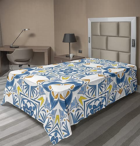 ABAKUHAUS Ethnisch Bettlaken, Spanisch Retro, weiches bequemes oberes Bettlaken dekoratives Bett 1 Stück, 260 cm x 168 cm, Blau