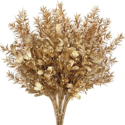 CATTREE Goldene Dekorationen, künstliche Pflanzen, Katzenbaum, goldene Beerenblätter, künstliche Kunstpflanzen, Stacheln, Gras, Kunststoff, Kunststräucher, Büsche, Ornamente, Zuhause, Füller, 4 Stück