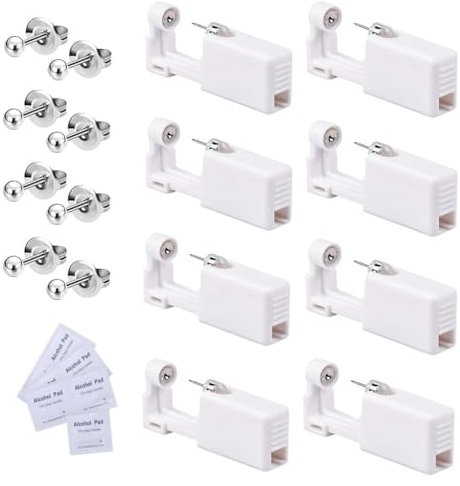 KOMUNJ 8 Stück Ohrlochstechpistole, Einweg Steril Sicherheits Ohrnasen Piercing Pistolen Kit, mit Ohrstecker, Asepsis Pierce Kit Piercing Zubehör, für Mädchen, Damen, Herren, Silber 3mm