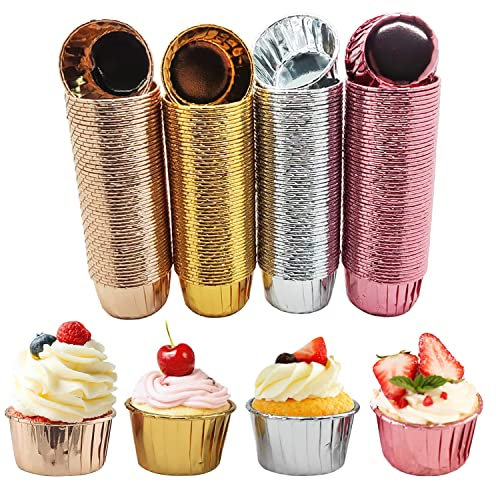 200PCS Cupcake Cases,4 Colors Mixed Foil Metallic Cupcake Wrappers Baking Cups Muffin Cake Liners for Dessert Christmas Wedding Birthday Party