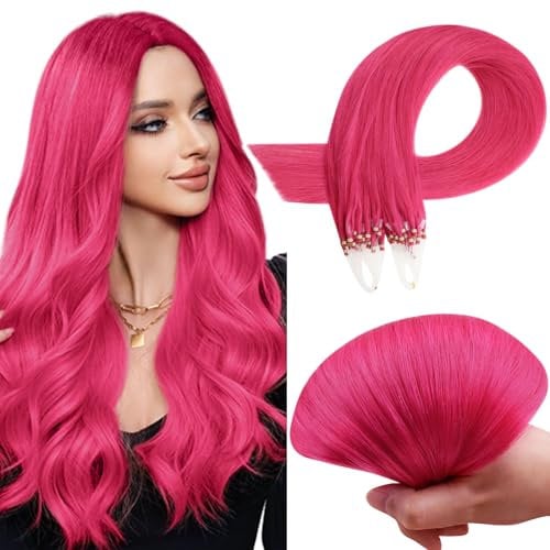 RUNATURE Microring Extensions Echthaar Rosa 35cm Menschliches Haar Extensions Echthaar Microring Bunt Haarverlängerung Echthaar Microring Heiß Pink Haarextensions 25g #Hot Pink
