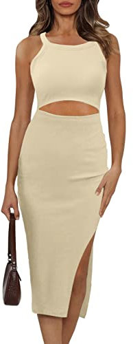 Uusollecy Sommerkleid Damen Cut Out Kleid mit Schlitz, Ärmellos Bodycon Sexy Partykleid Elegant Figurbetontes Knielang Tank Kleid Beige L
