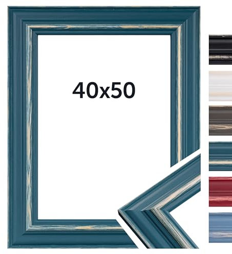 DÖRR Bilderrahmen Boho - Massiv Holz - Kunstglas - Shabby Chic - Vintage Style - Made In Italy 40x50 Petrol