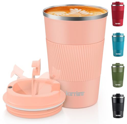KETIEE Kaffeebecher to go,380ml Thermobecher Kaffee-to-go,Kaffeebecher Thermo,Doppelwandig Reisebecher Travel Mug,Vakuum Isolierbecher mit auslaufsicherem Deckel für Kaffee und Tee,Orange-Rosa