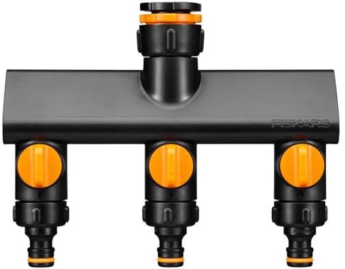 Fiskars 3-Wege-Ventil, Mit On/Off-Schaltern, Für 3 Gewindegrößen Ø 21 mm (1/2), Ø 26,5 mm (3/4) und Ø 33,3 mm (1), Comfort, Schwarz/Orange, 1070578