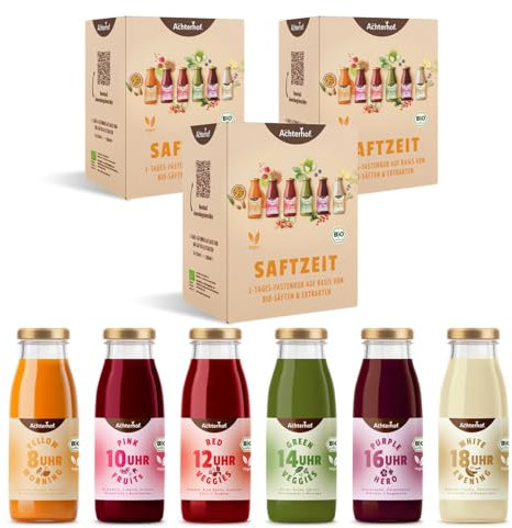 Saftzeit 3-Tages-Fastenkur Bio | 3x 6 Flaschen mit abgestimmten Frucht- und Gemüsesäften verfeinert mit Kräutern, Gewürz- oder Blütenextrakten | fruchtig-süß im Geschmack | vom Achterhof