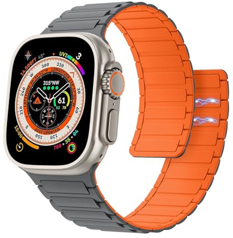 Astorgos Magnetisch Uhrenarmband Kompatibel mit Apple Watch Armband Ultra/Ultra2 49mm/SE Serie 10/9/8/7/6/5/4/3/2/1 42/44/45/46mm, Silikon Armbänder Starker Magnet Link Ersatzarmband,Grau Orange