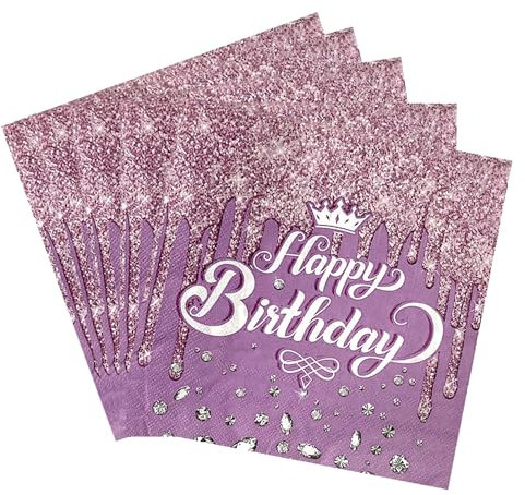Servietten Happy Birthday, 40 Stück Lila Diamant Geburtstag Serviette, Tischdeko Party Dekorationen für Servietten Kindergeburtstag Frau Mädchen Geburtstag Party Deko,33 * 33cm (Lila)