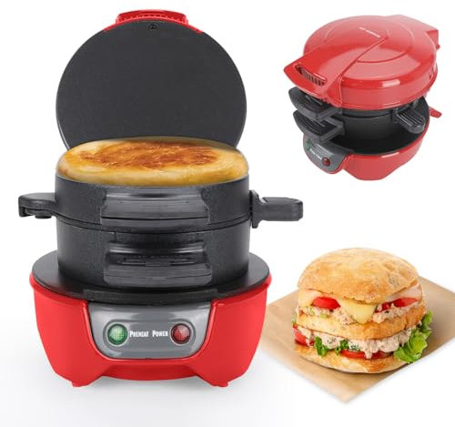 Grille-pain Sandwich Burger Maker, Plaques chauffantes anti-adhésives efficaces Lavable au lave-vaisselle,600W Appareils à Sandwiches Machine à pain pour le petit déjeuner (Rouge)