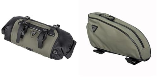 TOPEAK Unisex – Erwachsene Frontloader Lenkertasche, Schwarz-Grün, 50cm & Unisex – Erwachsene Toploader Rahmentasche, Grün, 23,5cm