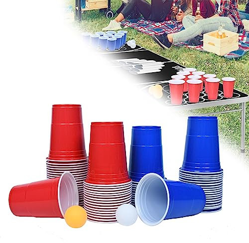 TANYEAR Beer Pong - Set di 100 bicchieri per bacche, 10 palline, 480 ml, in plastica, per Natale, feste, giochi di bere, matrimoni