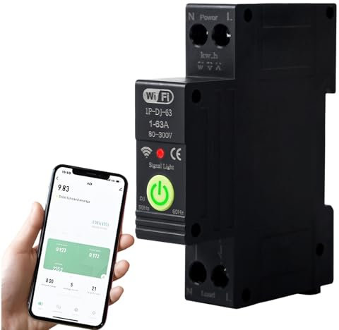 Jadeshay Disyuntor WIFI, 1P 63A Tuya Medidor de Consumo Electrico wifi Temporizador WIFI Remoto por voz riel DIN de 35 mm, Negro