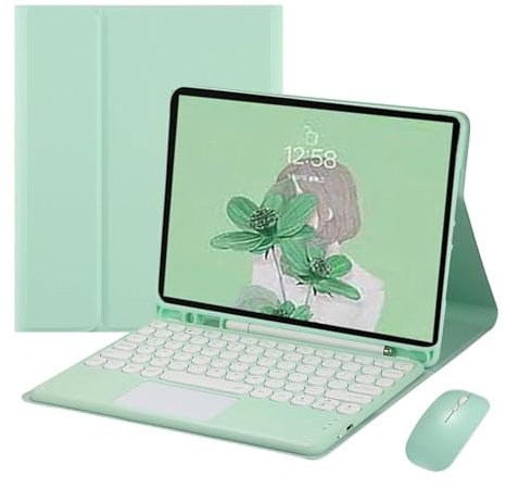 ZKAIAI Funda Teclado para iPad Pro 10.5 2017 y iPad Air 3 2019 con Ranura para Lápiz, QWERTY Teclado Trackpad Bluetooth Desmontable Español Ñ con Ratón Inalámbrico Recargable, Verde-A