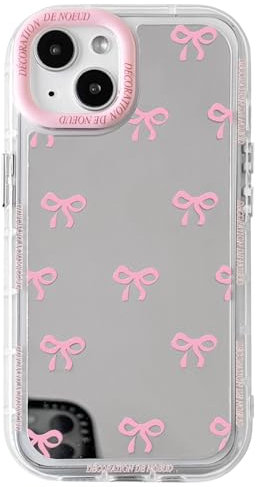 NITITOP Compatible with iPhone 13 Case Cute Glossy Mirror Little Bowknot Pattern for Women Girls Ribbon Design Pink Lens Bezel Design Shockproof Silver Protective Phone Cover - Pink
