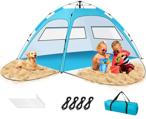 Beach Tent Large 3-4 Person, Pop Up Beach Tents with Two Doors & Two Windows for Adults and Kids, Portable Automatic Instant Sun Shelter Tent UV 50+ UPF50+, Beach Tent Pop Up for Garden Picnic