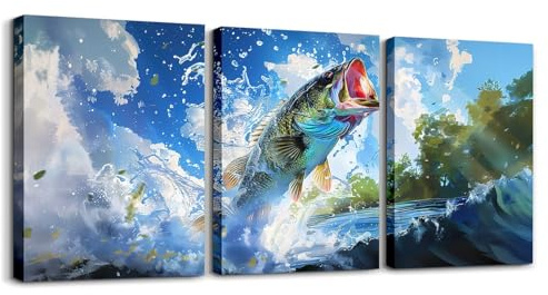 Loussiesd Bass Fish 3er Poster Set für Wohnzimmer Jagd und Angeln Wandbilder Set für Schlafzimmer Rustic Fish Farm Leinwandbilder Poster & Kunstdrucke