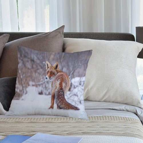 KHWEJ Kissenbezüge 40x40 cm,Fuchs, Landschaft Schnee Landschaft Pelzigen Wildtier Jagd Vulpine Kalten Winter Druck,Zierkissenbezug Cushion Cover Couch Wohnzimmer Außenbereich Deko