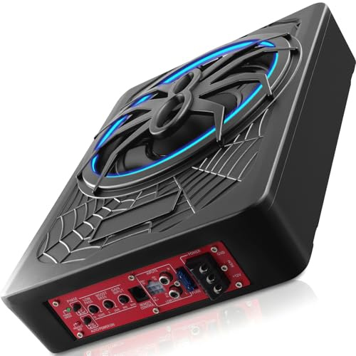 OiLiehu Slim Under Seat Car Subwoofer, 10 1200W Subwoofer Stereo Surround Sound, Built-in Audio Amplifier, with Blue LED Ambient Light
