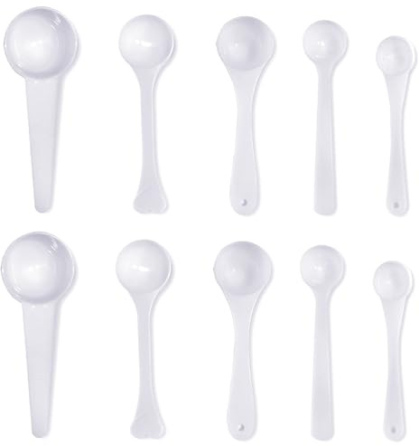 BDEPSTR 10 Pezzi Misurini Dosatori in Plastica, Kit Cucchiai Misuratori di Precisione da 0.5g, 1g, 2.5g, 3g, 5g, Ideali per Integratori, Polveri e Spezie,Bianco