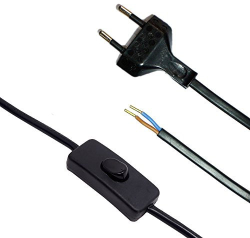 Cavo di collegamento con spina e interruttore, colore: nero, lunghezza: 1,50 m, cavo di alimentazione, cavo di alimentazione con interruttore e spina piatta 2 x 0,75 mmq, 250 V, SW