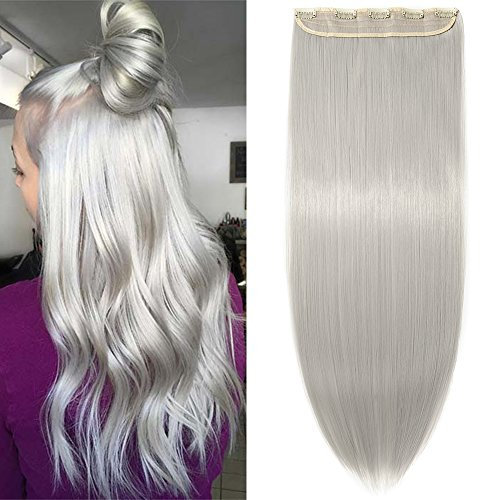 SEGO 66cm Haarteil Clip in Extensions 1 Tresse 5 Clips Haarverlängerung Human Hair wie Echthaar Glatt Silber-Grau 26(66cm)-120g