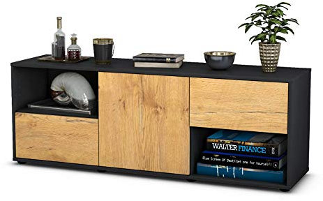 Stil.Zeit TV Schrank Lowboard Ambra, Korpus anthrazit matt, Front Holz Design Eiche (135x49x35cm), Push to Open Technik & Leichtlaufschienen