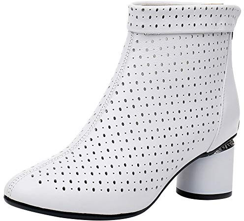 Jamron Donna Elegante Tallone di Blocco Stivaletti Traspirante Incavare Estate Stivali Pumps Bianco SN02542 EU37